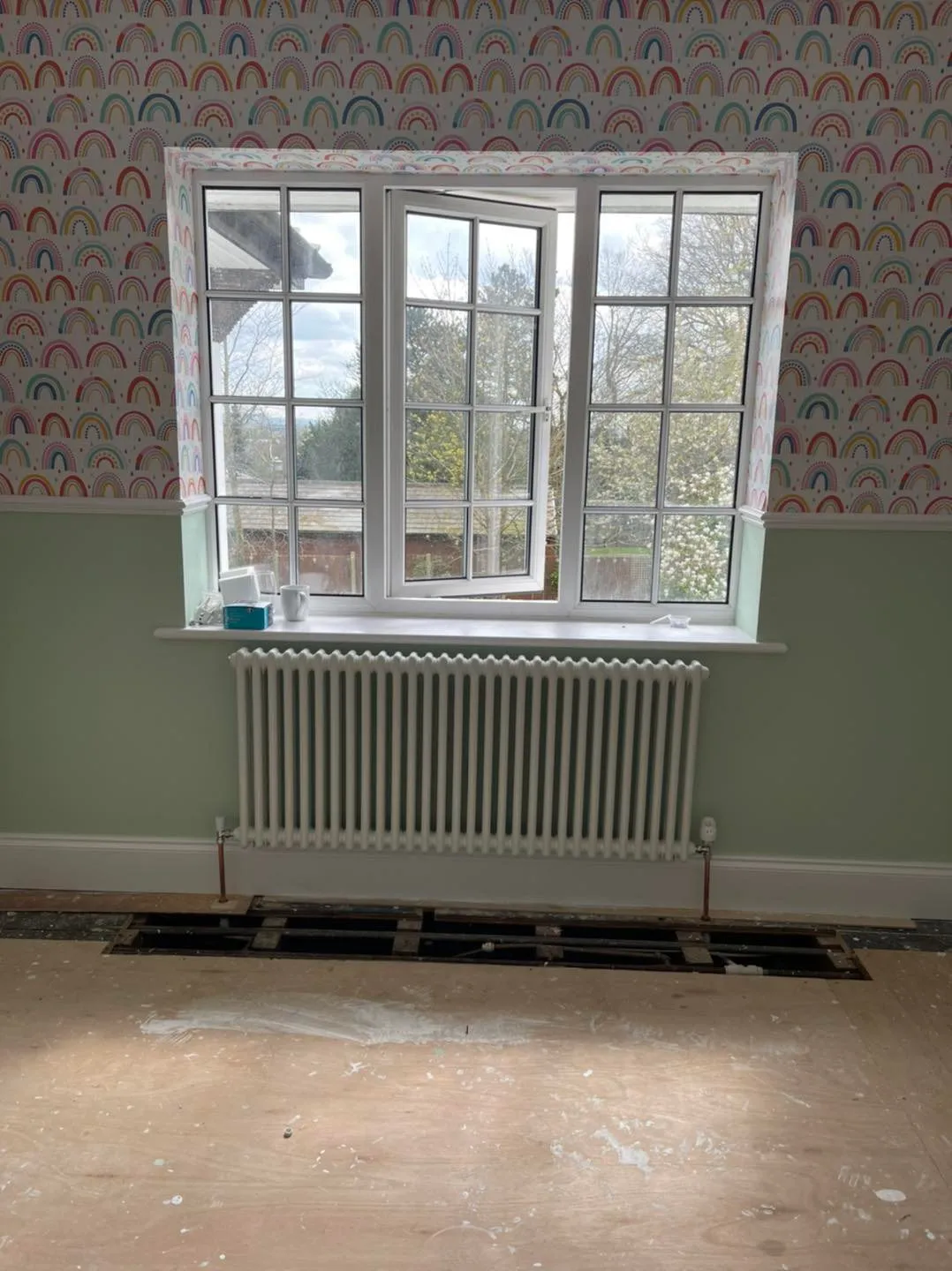 A room with a radiator and a window.