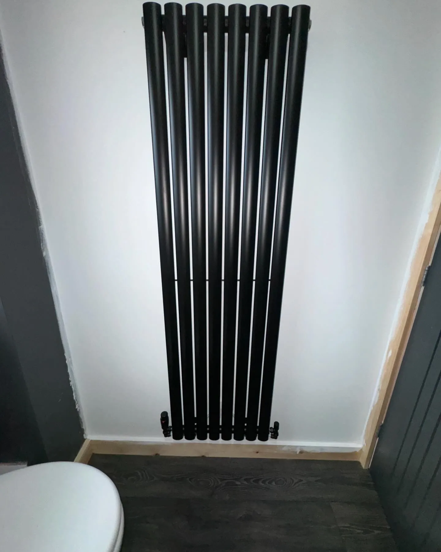 A white toilet sitting next to a black radiator.